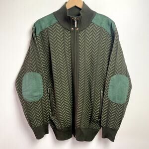 Green Herringbone Faux Suede Elbow Patch Zip Cardigan Medium Quiet Luxury